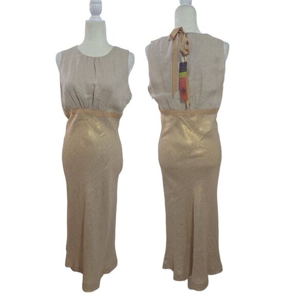 Tory Burch Women's Estee Dress Linen Gold Bias Cut Sleeveless Party Cocktail 10 - Picture 2 of 8
